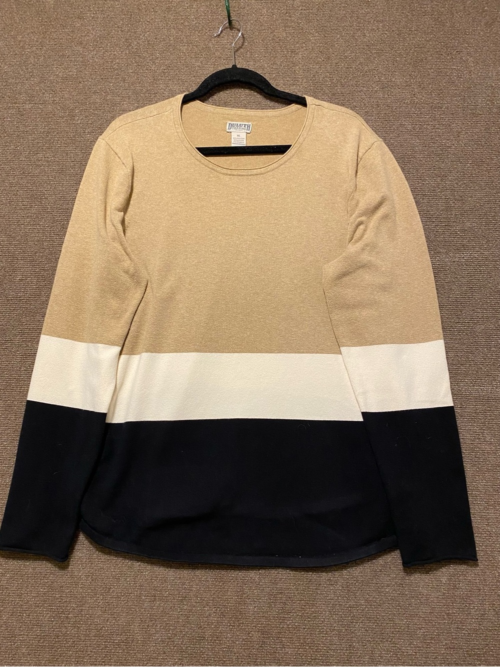 Duluth Trading Co Colorblock Long Sleeve Knit Sweater- Tan, White & Black XL